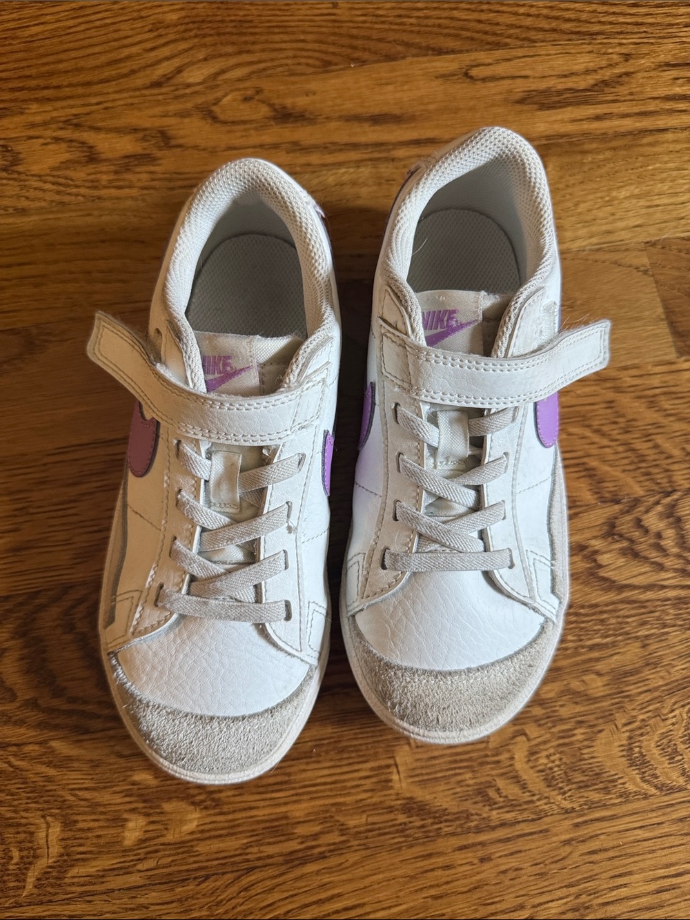 Nike Kids White Sneakers with Purple Swoosh